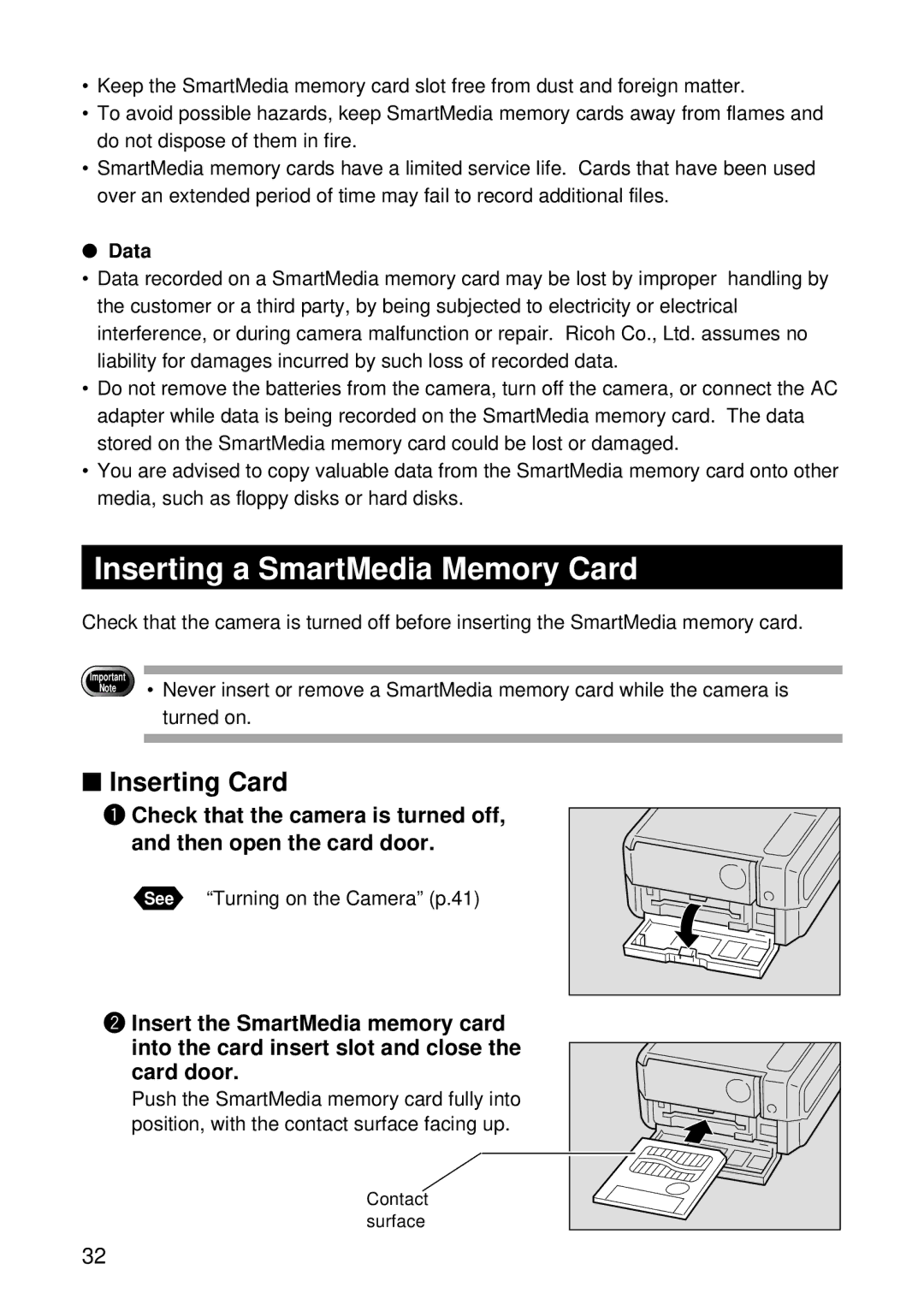 Ricoh RDC-5000 manual Inserting a SmartMedia Memory Card, Inserting Card, Data 