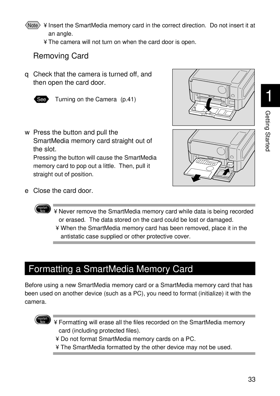 Ricoh RDC-5000 manual Formatting a SmartMedia Memory Card, Removing Card, Close the card door 