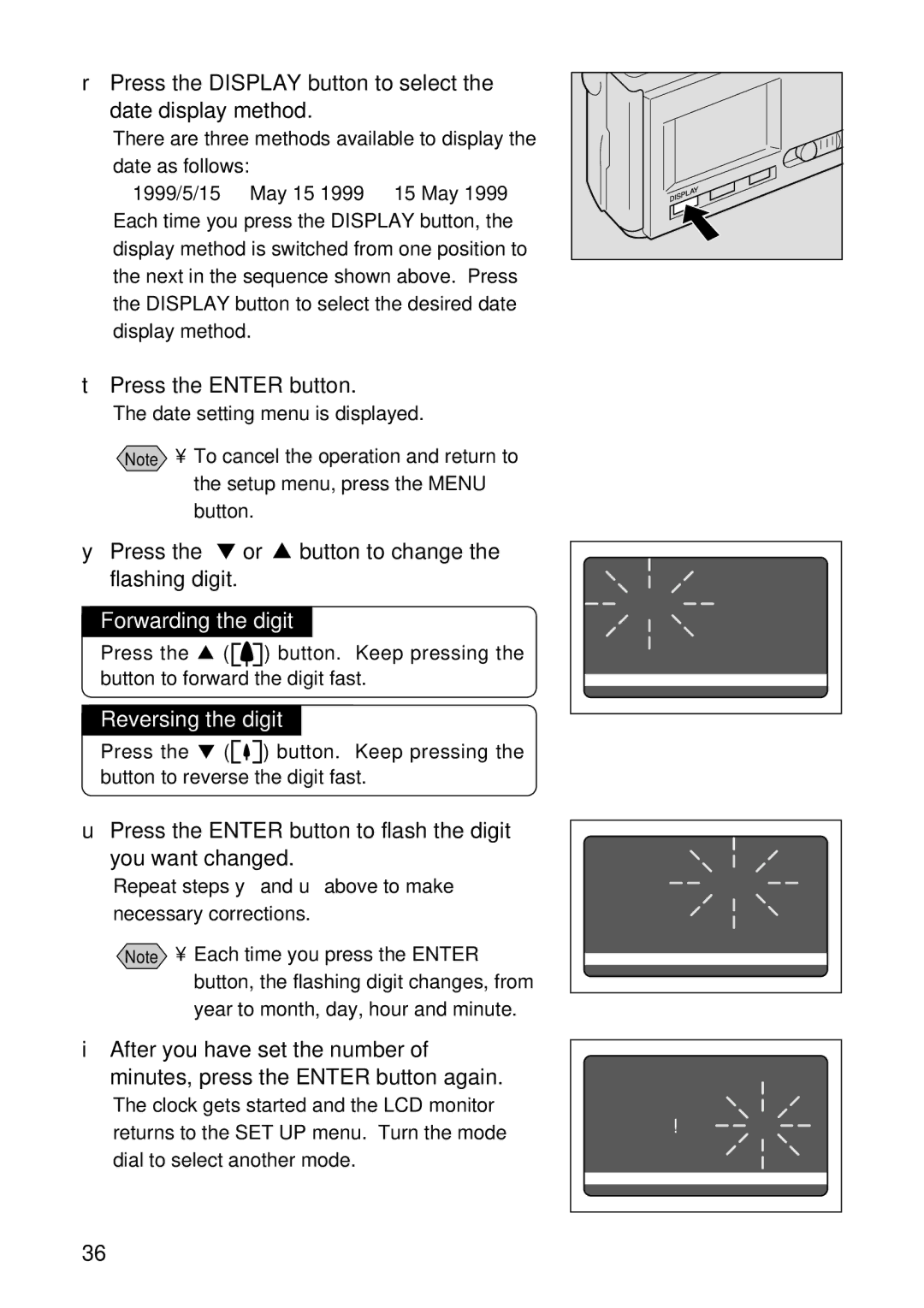 Ricoh RDC-5000 manual Press the Display button to select the date display method, Press the Enter button 