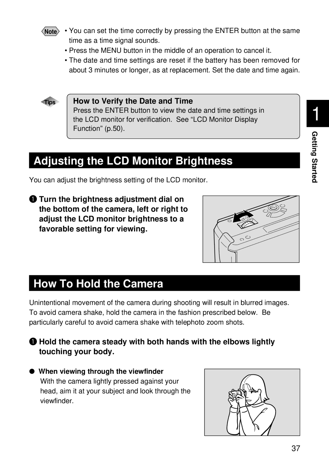 Ricoh RDC-5000 manual Adjusting the LCD Monitor Brightness, How To Hold the Camera, Tips How to Verify the Date and Time 