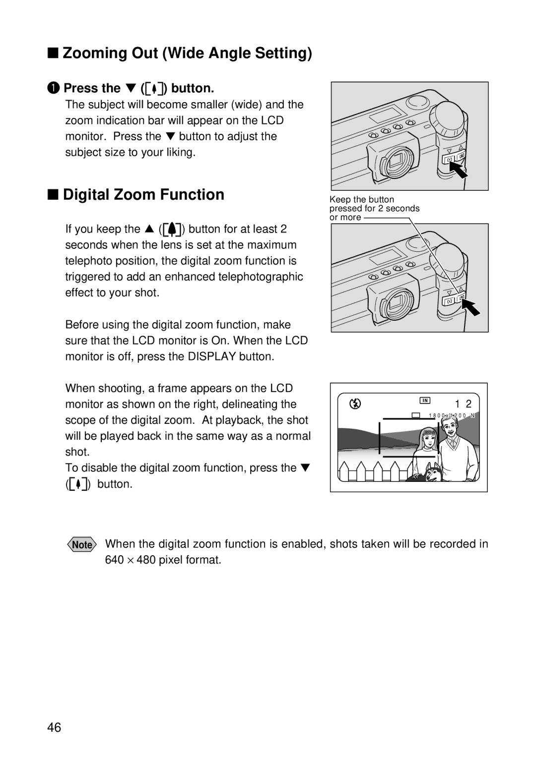 Ricoh RDC-5000 manual Zooming Out Wide Angle Setting, Digital Zoom Function, Press the button 