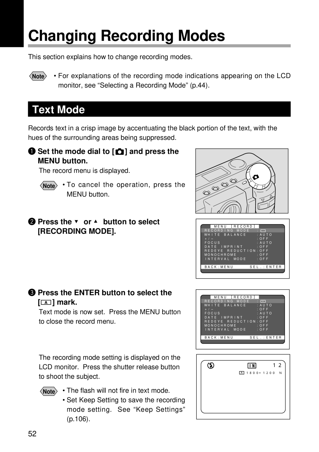 Ricoh RDC-5000 manual Changing Recording Modes, Text Mode, Press the Enter button to select the mark 