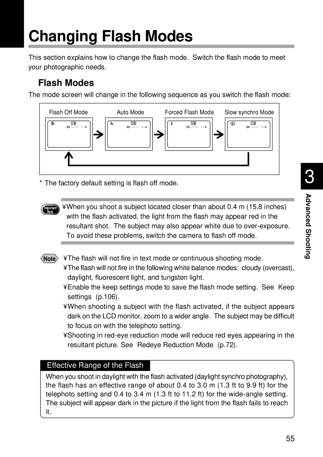 Ricoh RDC-5000 manual Changing Flash Modes, Effective Range of the Flash, Advanced Shooting 