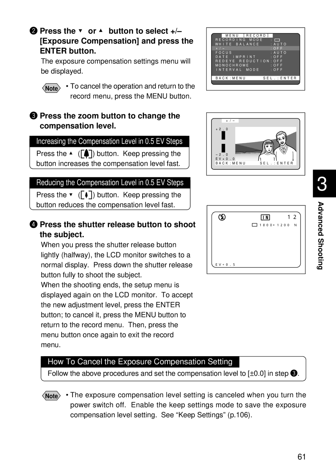 Ricoh RDC-5000 Press the zoom button to change the compensation level, How To Cancel the Exposure Compensation Setting 