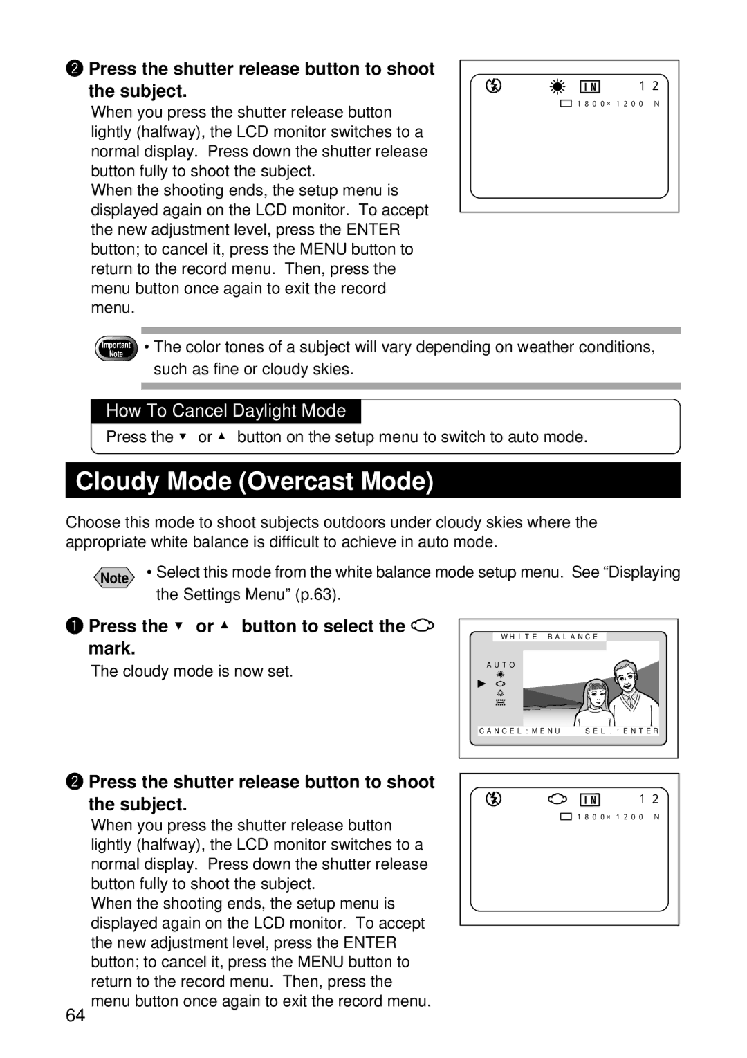 Ricoh RDC-5000 manual Cloudy Mode Overcast Mode, How To Cancel Daylight Mode, Settings Menu p.63, Cloudy mode is now set 