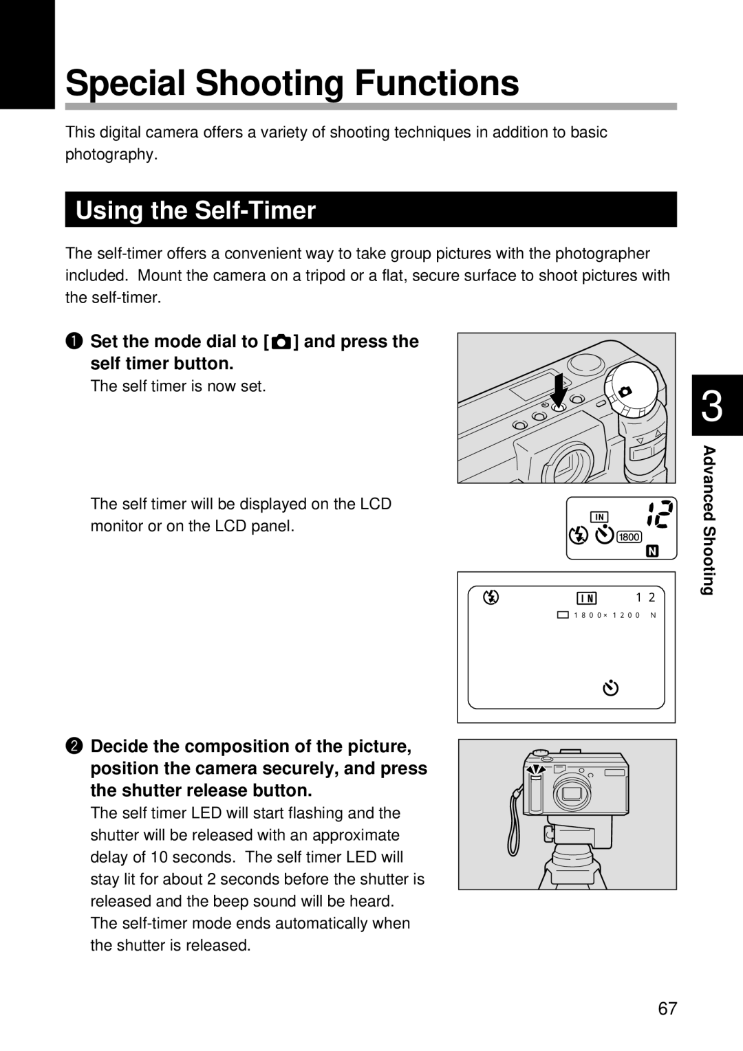 Ricoh RDC-5000 Special Shooting Functions, Using the Self-Timer, Set the mode dial to and press the self timer button 