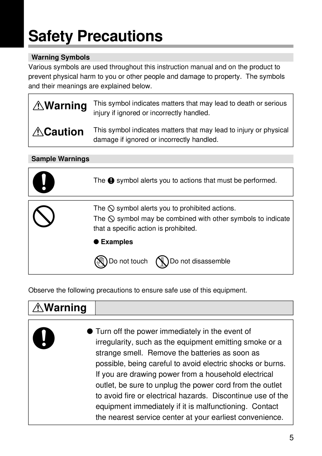 Ricoh RDC-5000 manual Safety Precautions, Sample Warnings 