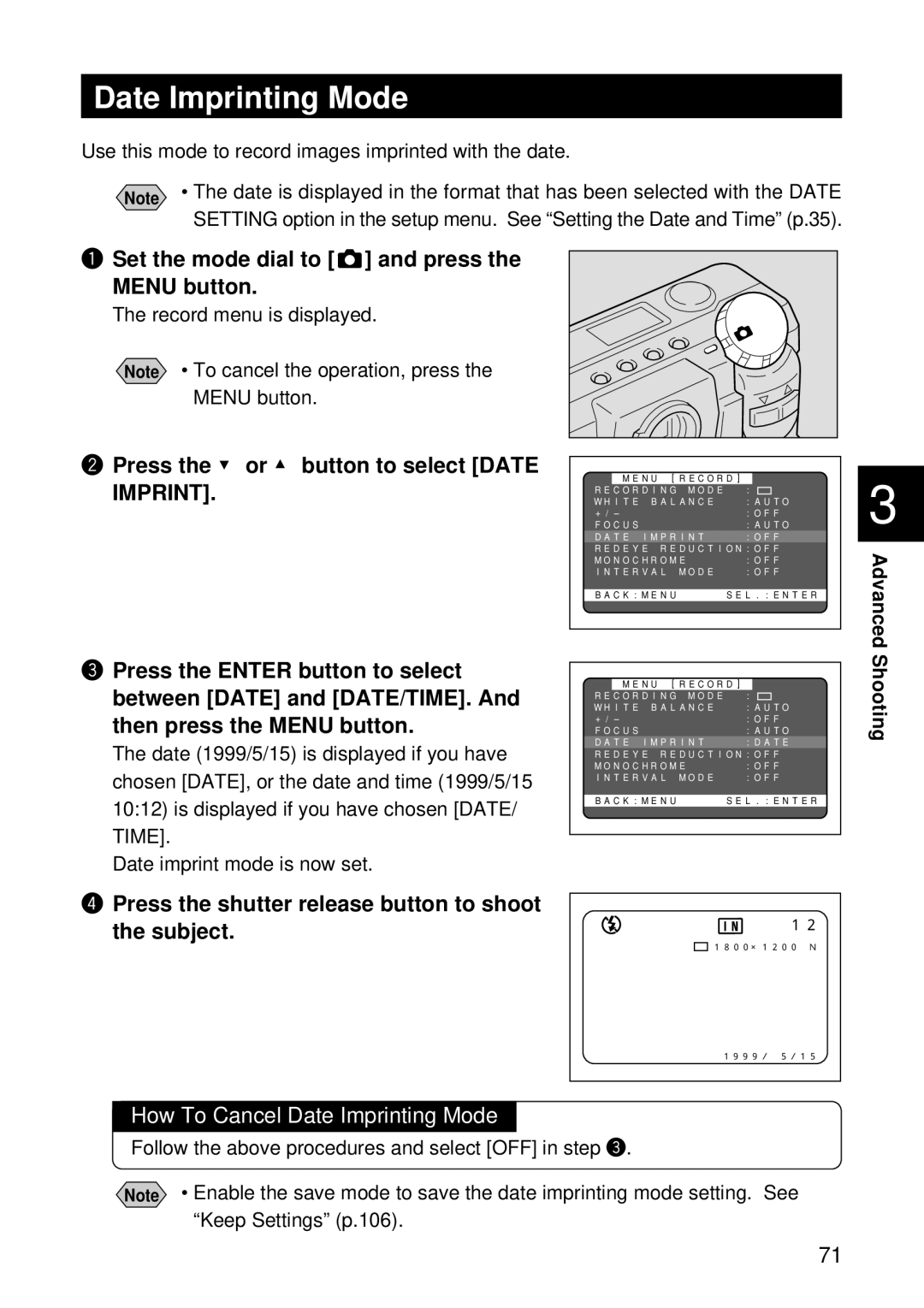 Ricoh RDC-5000 manual How To Cancel Date Imprinting Mode, Use this mode to record images imprinted with the date 