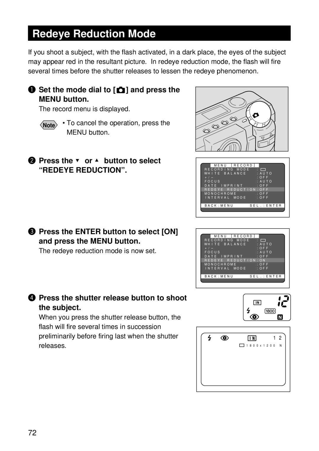 Ricoh RDC-5000 manual Redeye Reduction Mode, Menu button, Redeye reduction mode is now set 