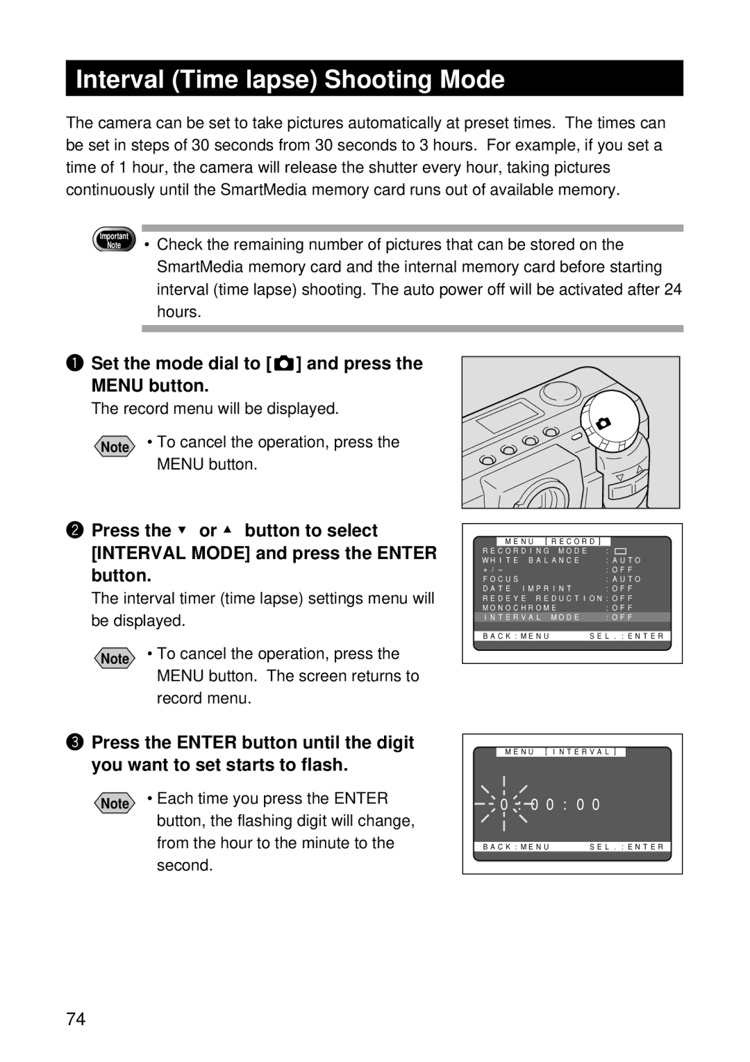 Ricoh RDC-5000 Interval Time lapse Shooting Mode, Each time you press the Enter, From the hour to the minute to, Second 