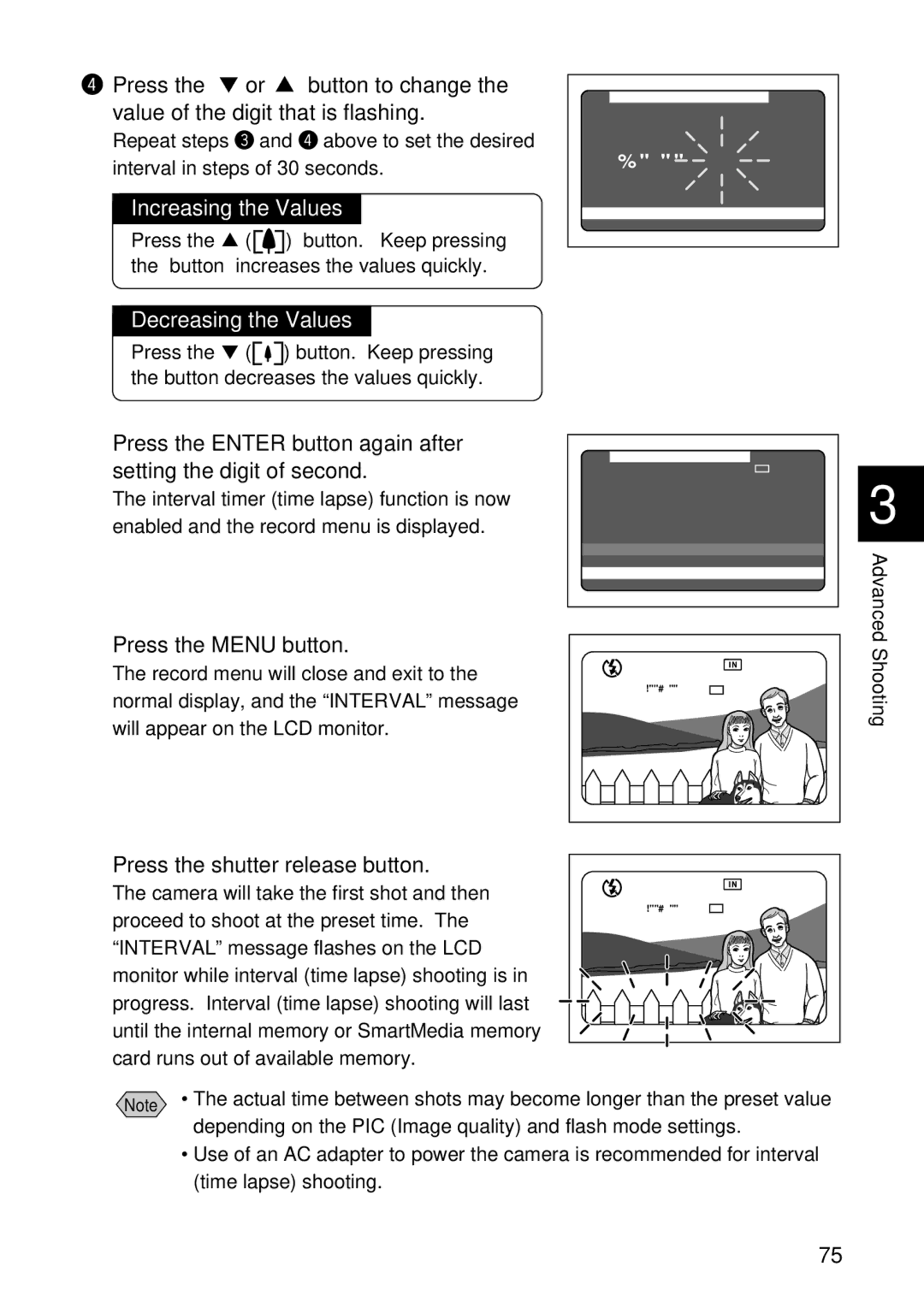 Ricoh RDC-5000 manual Increasing the Values, Decreasing the Values, Press the Menu button 