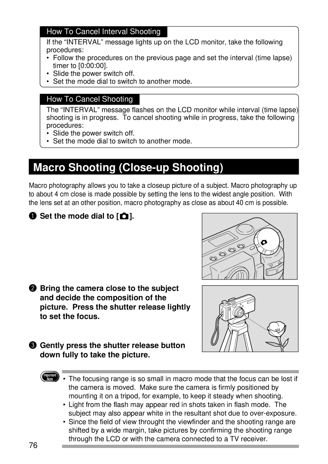 Ricoh RDC-5000 manual Macro Shooting Close-up Shooting, How To Cancel Interval Shooting, How To Cancel Shooting 