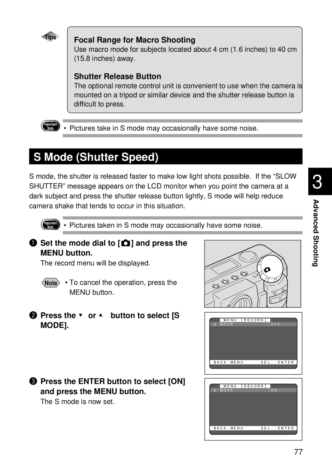 Ricoh RDC-5000 Mode Shutter Speed, Focal Range for Macro Shooting, Shutter Release Button, Press the or button to select S 