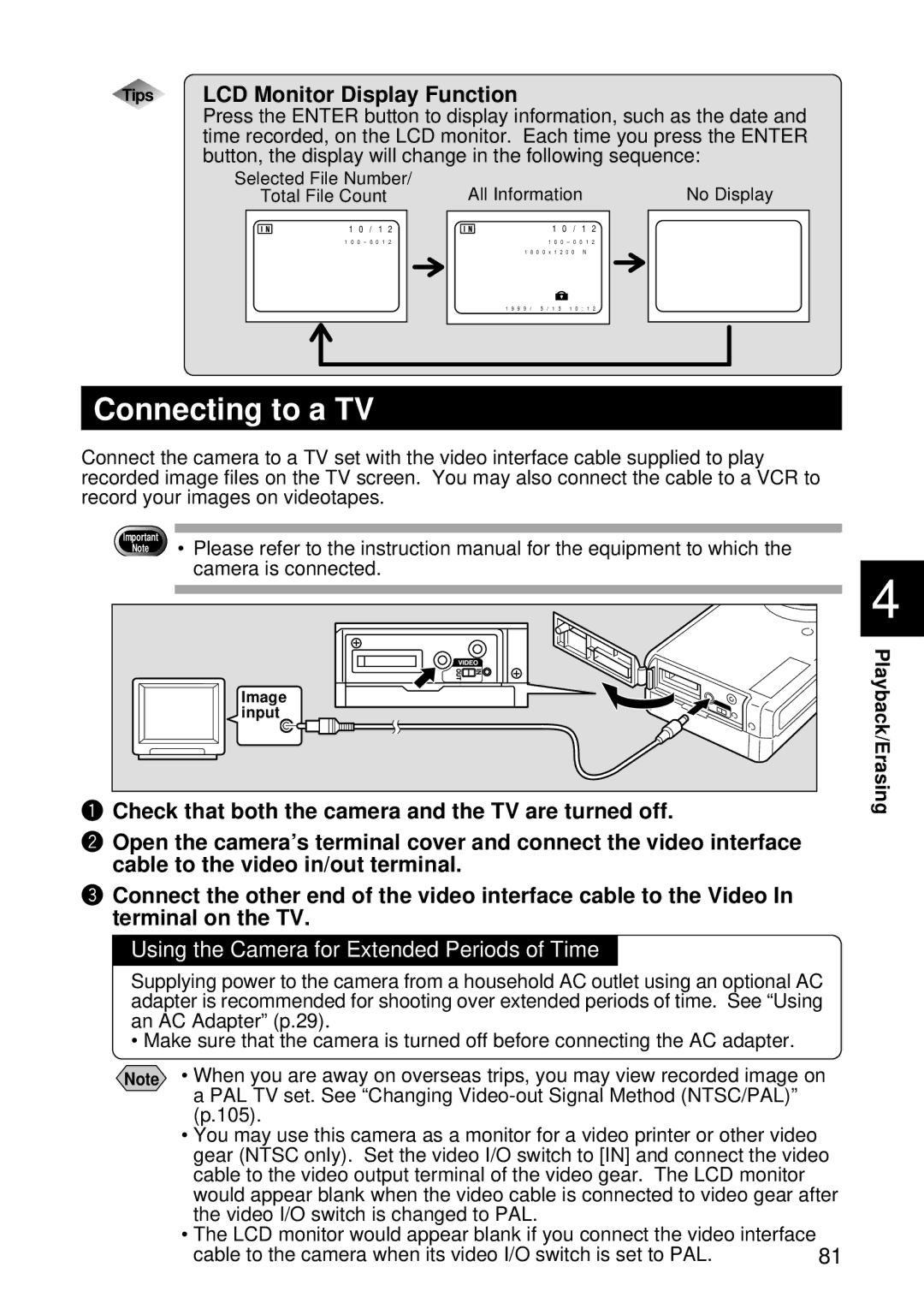 Ricoh RDC-5000 manual Connecting to a TV, Check that both the camera and the TV are turned off, Playback/Erasing 