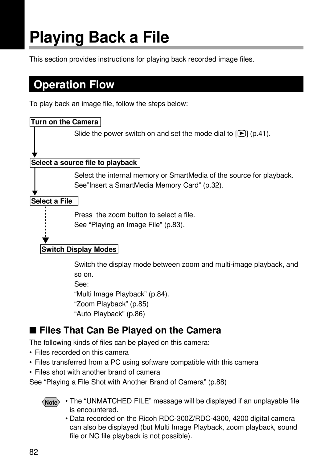 Ricoh RDC-5000 manual Playing Back a File, Files That Can Be Played on the Camera, Select a source file to playback 