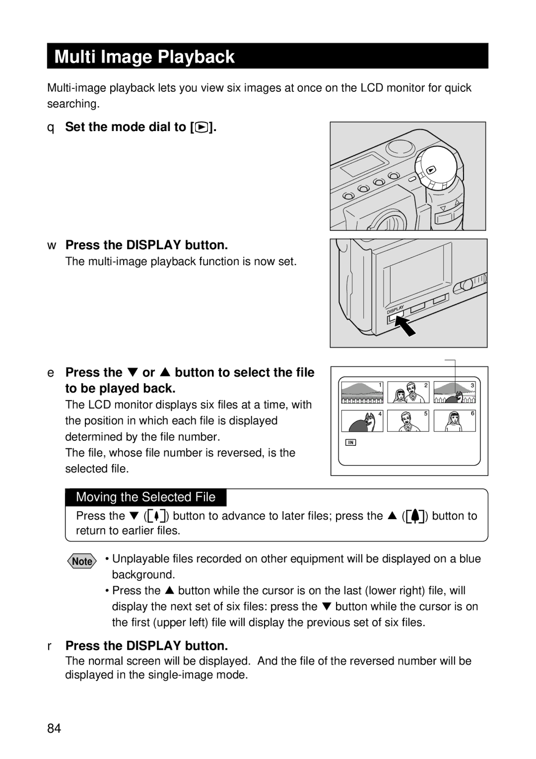 Ricoh RDC-5000 manual Multi Image Playback, Set the mode dial to Press the Display button, Moving the Selected File 