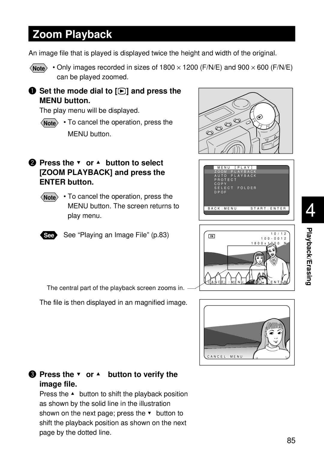 Ricoh RDC-5000 manual Zoom Playback, Press the or button to verify the image file, See See Playing an Image File p.83 