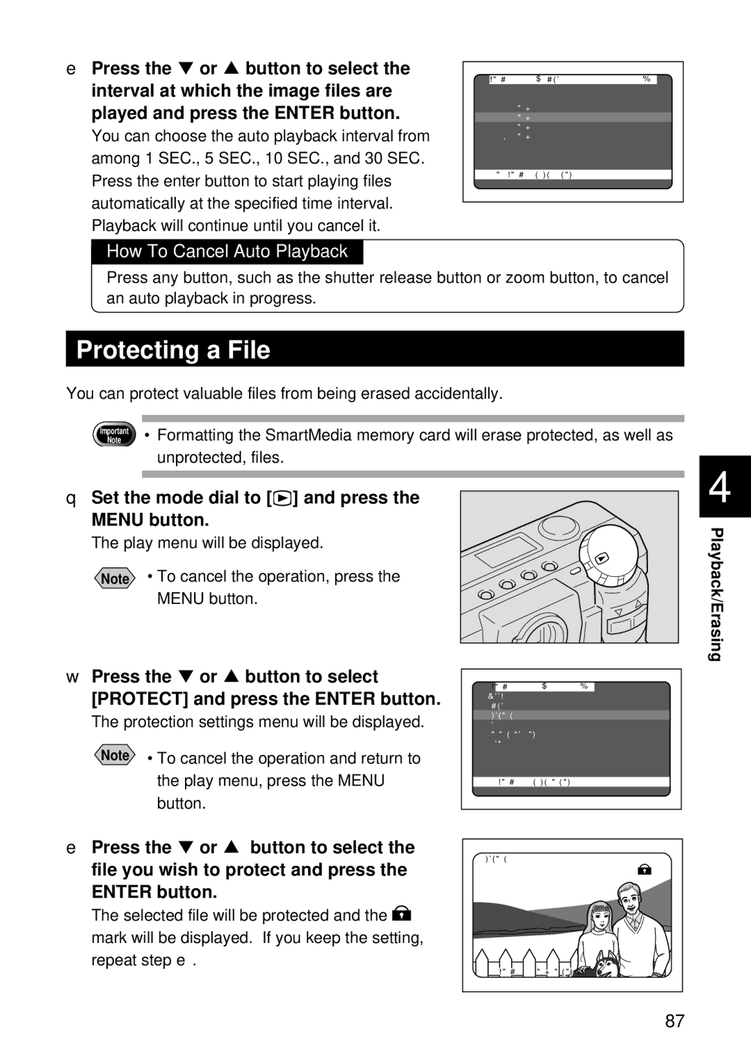 Ricoh RDC-5000 manual Protecting a File, How To Cancel Auto Playback, Set the mode dial to and press the Menu button 