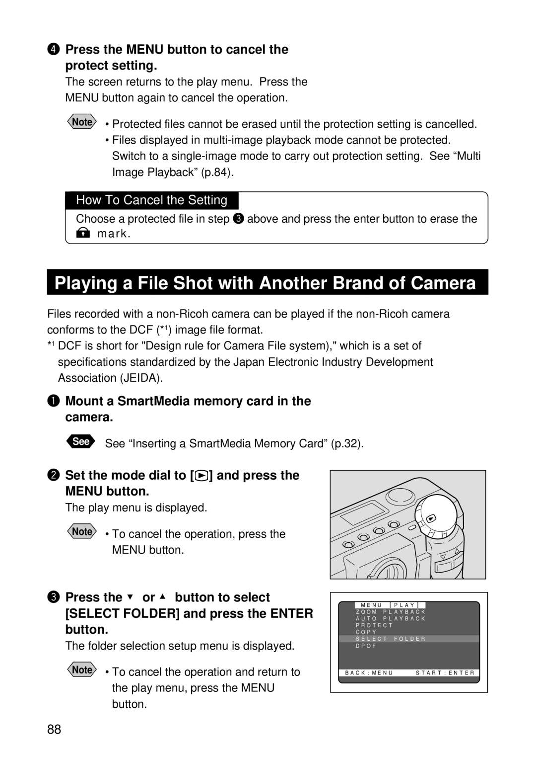 Ricoh RDC-5000 manual Playing a File Shot with Another Brand of Camera, Press the Menu button to cancel the protect setting 