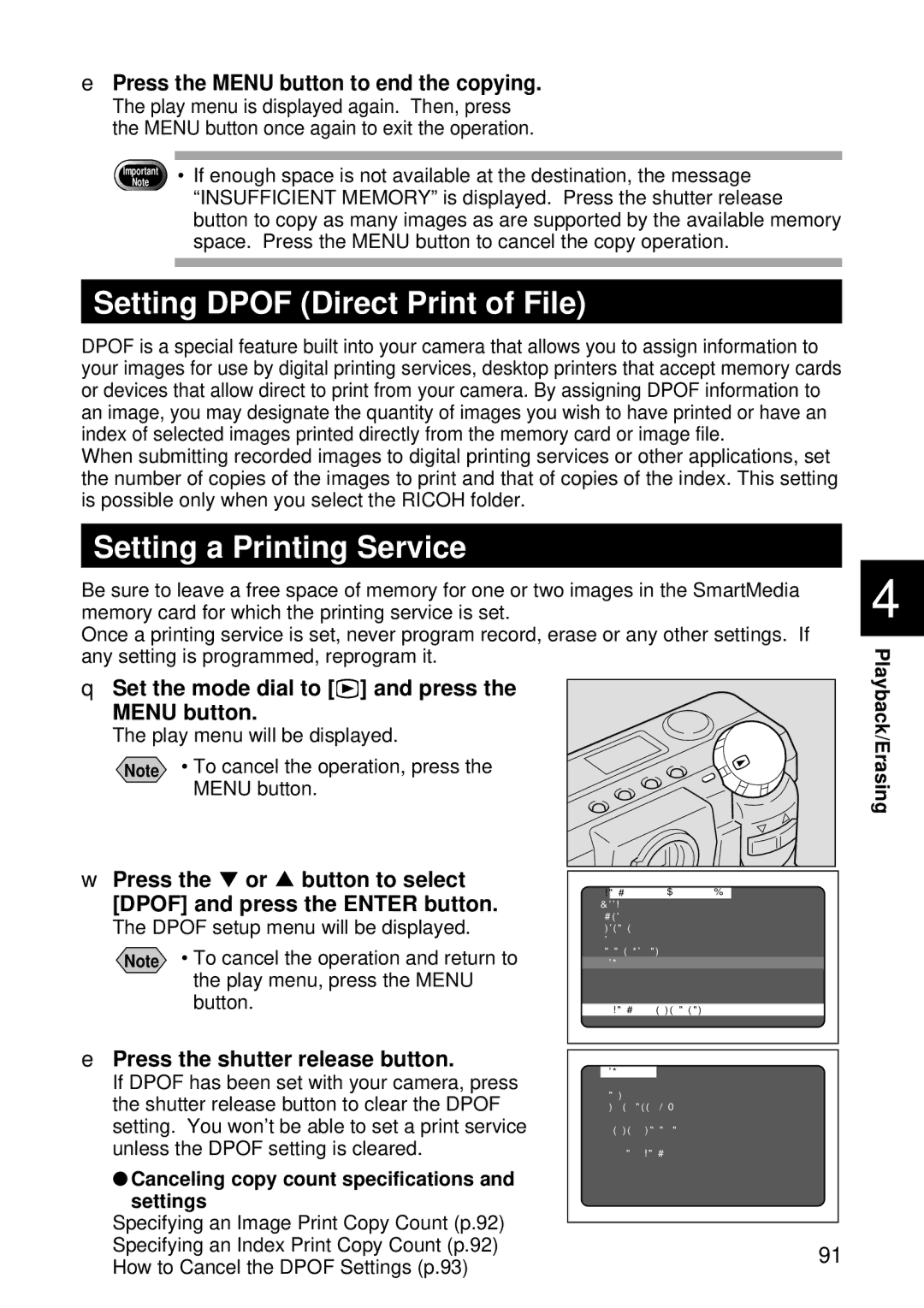 Ricoh RDC-5000 Setting Dpof Direct Print of File, Setting a Printing Service, Press the Menu button to end the copying 