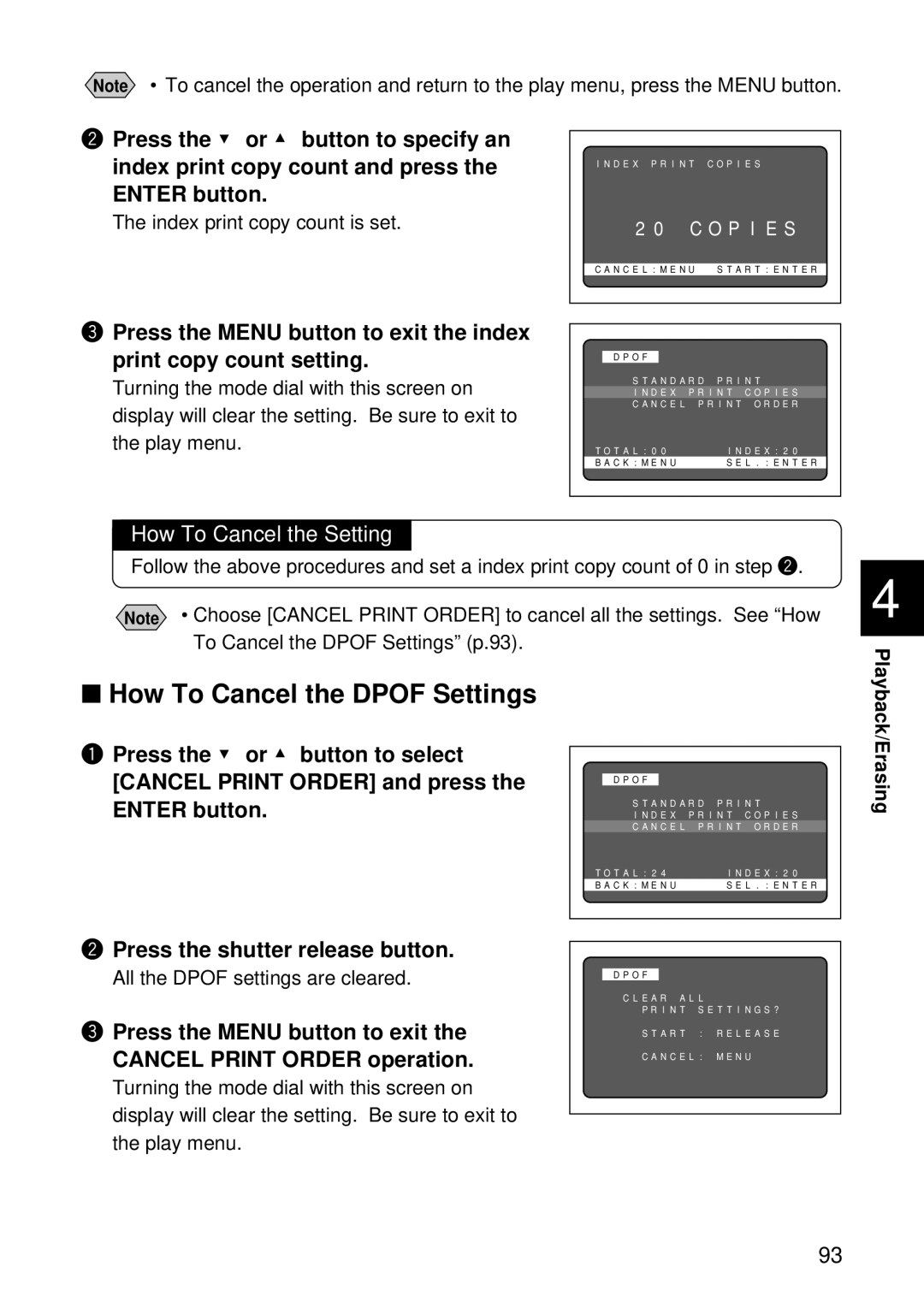 Ricoh RDC-5000 manual How To Cancel the Dpof Settings, Index print copy count is set, All the Dpof settings are cleared 