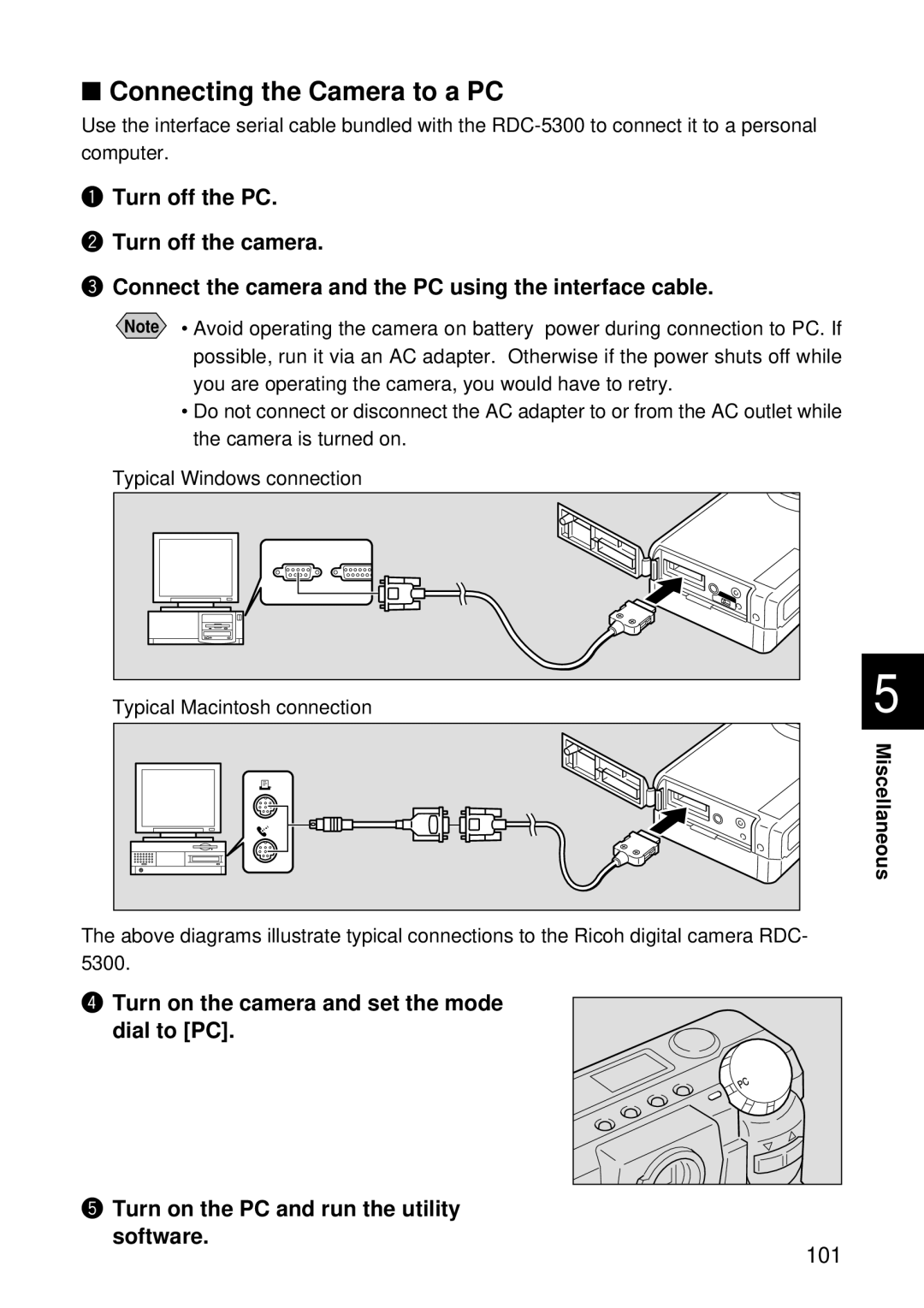 Ricoh RDC-5300 manual Connecting the Camera to a PC, Miscellaneous 