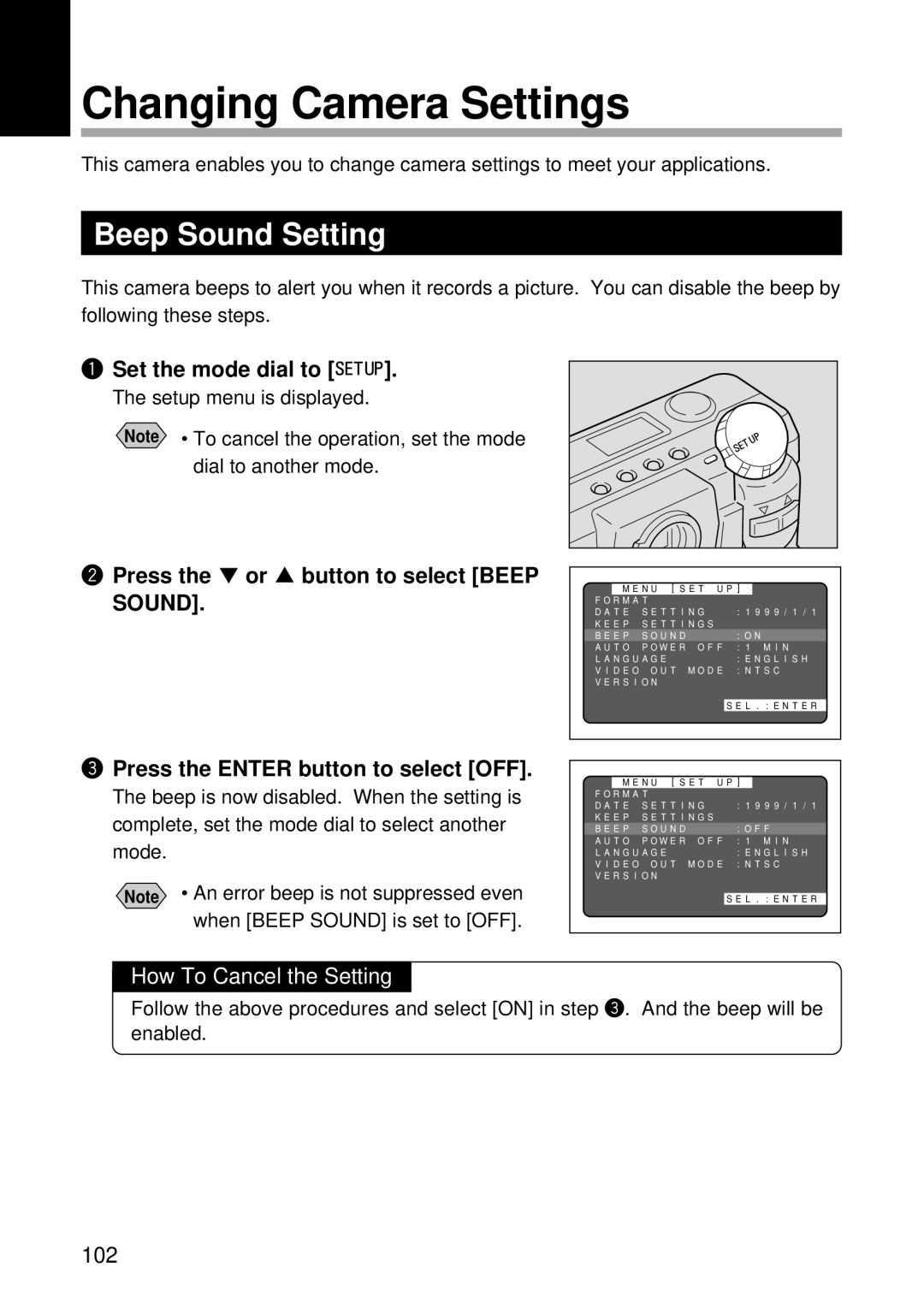 Ricoh RDC-5300 manual Changing Camera Settings, Beep Sound Setting, Press the or button to select Beep 