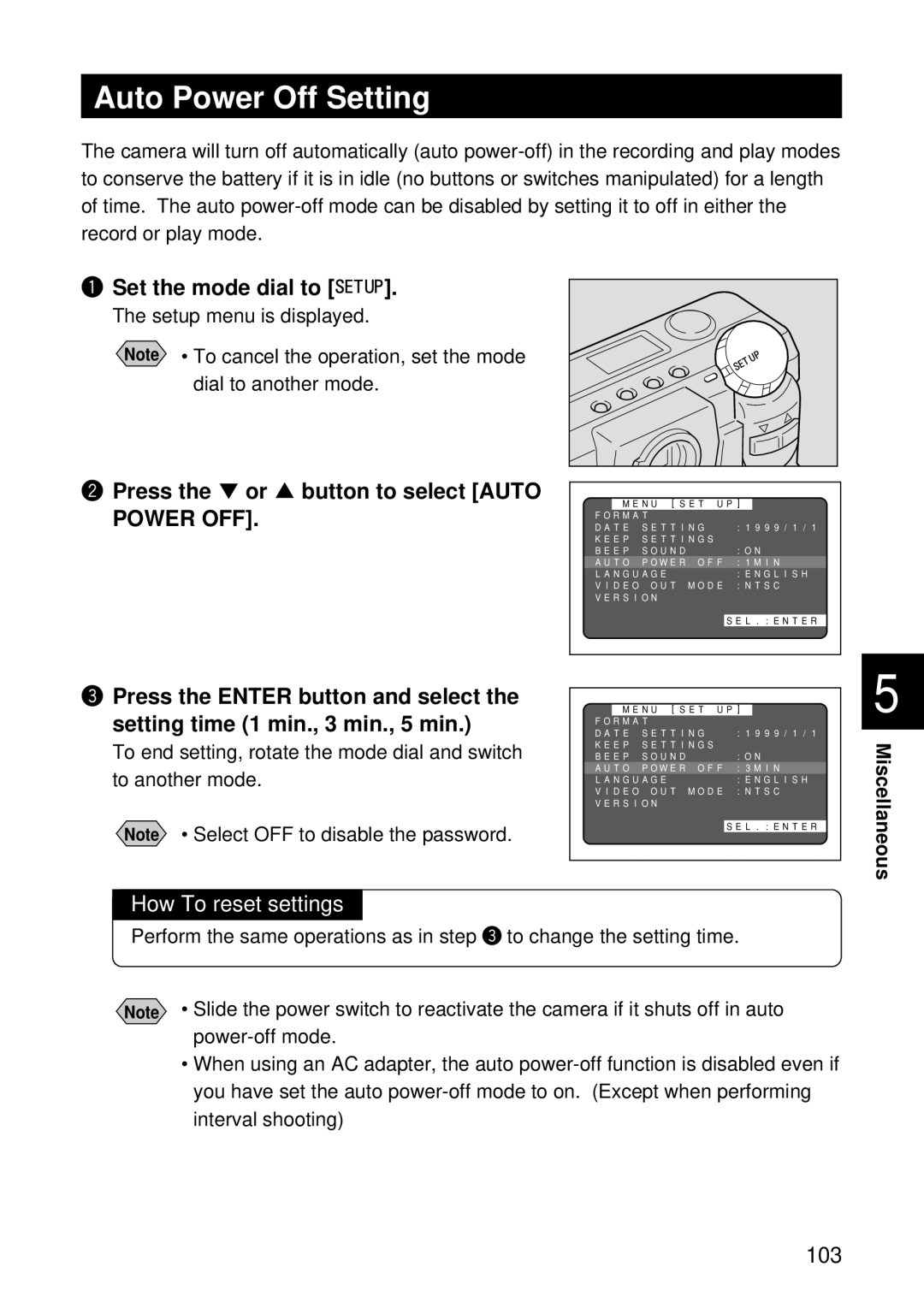 Ricoh RDC-5300 manual Auto Power Off Setting, Press the or button to select Auto, How To reset settings 