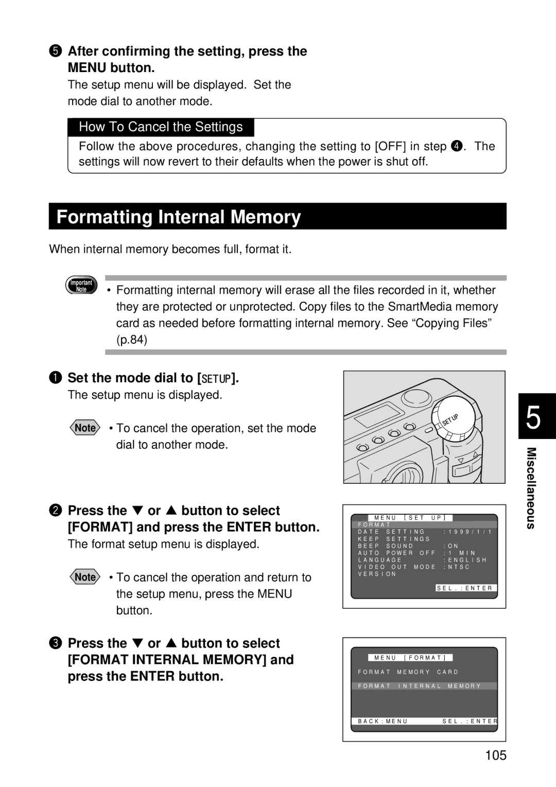 Ricoh RDC-5300 manual Formatting Internal Memory, After confirming the setting, press the Menu button 