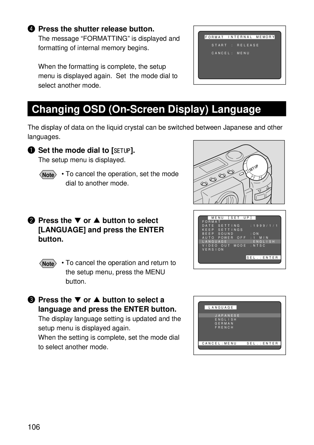 Ricoh RDC-5300 manual Changing OSD On-Screen Display Language, Press the shutter release button 