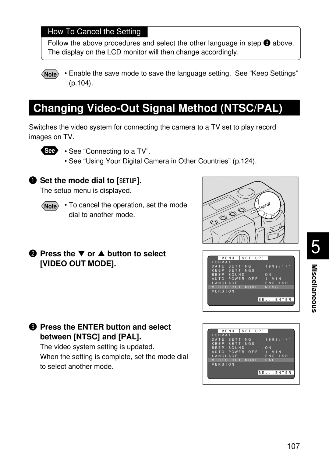 Ricoh RDC-5300 manual Changing Video-Out Signal Method NTSC/PAL, How To Cancel the Setting 