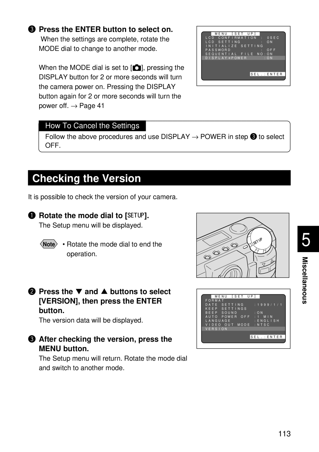 Ricoh RDC-5300 manual Checking the Version, Press the Enter button to select on, Rotate the mode dial to 