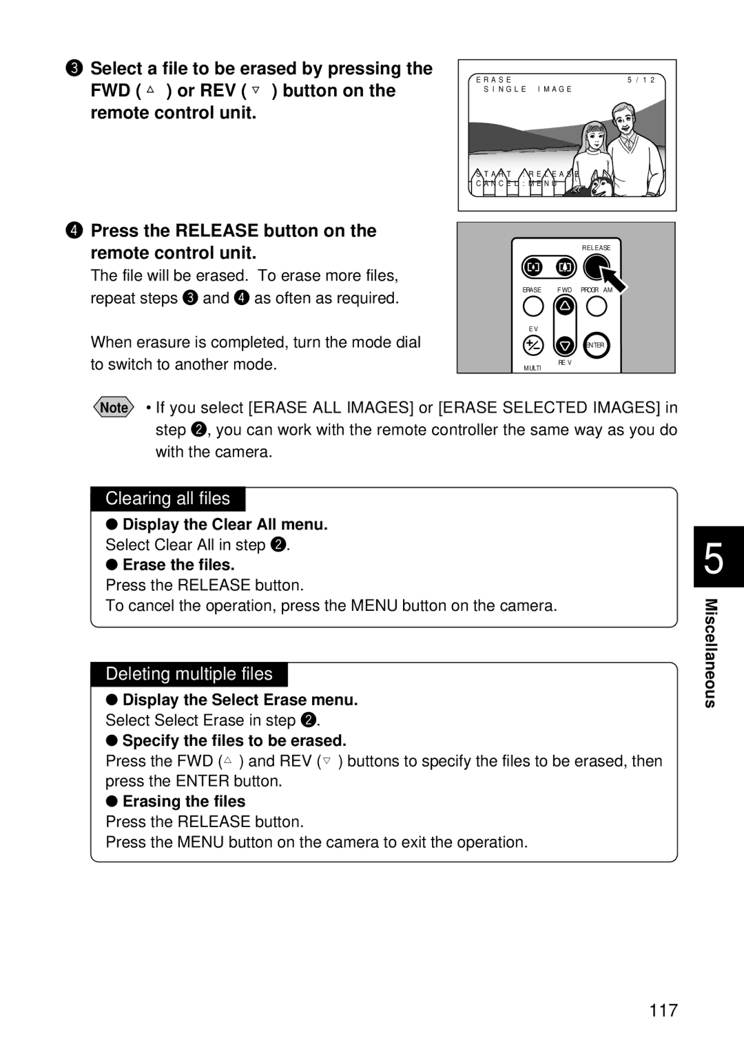 Ricoh RDC-5300 manual Clearing all files, Deleting multiple files, Erasing the files 