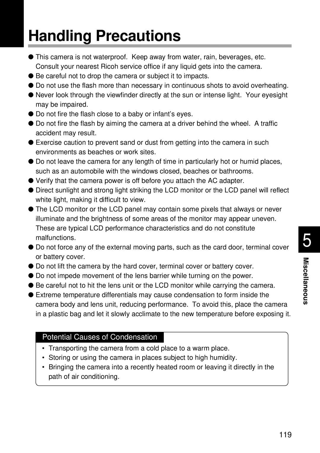 Ricoh RDC-5300 manual Handling Precautions, Potential Causes of Condensation 