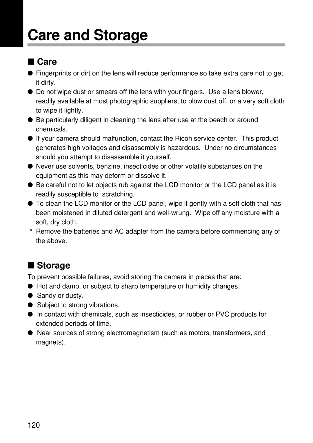 Ricoh RDC-5300 manual Care and Storage 