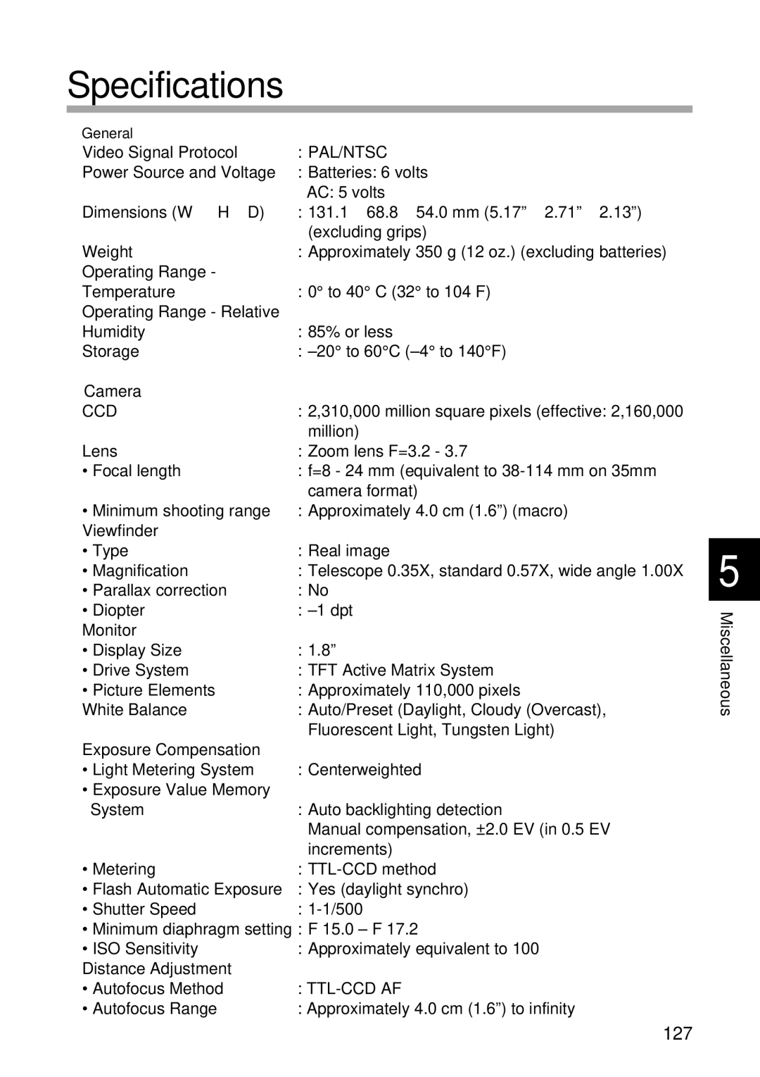 Ricoh RDC-5300 manual Specifications 