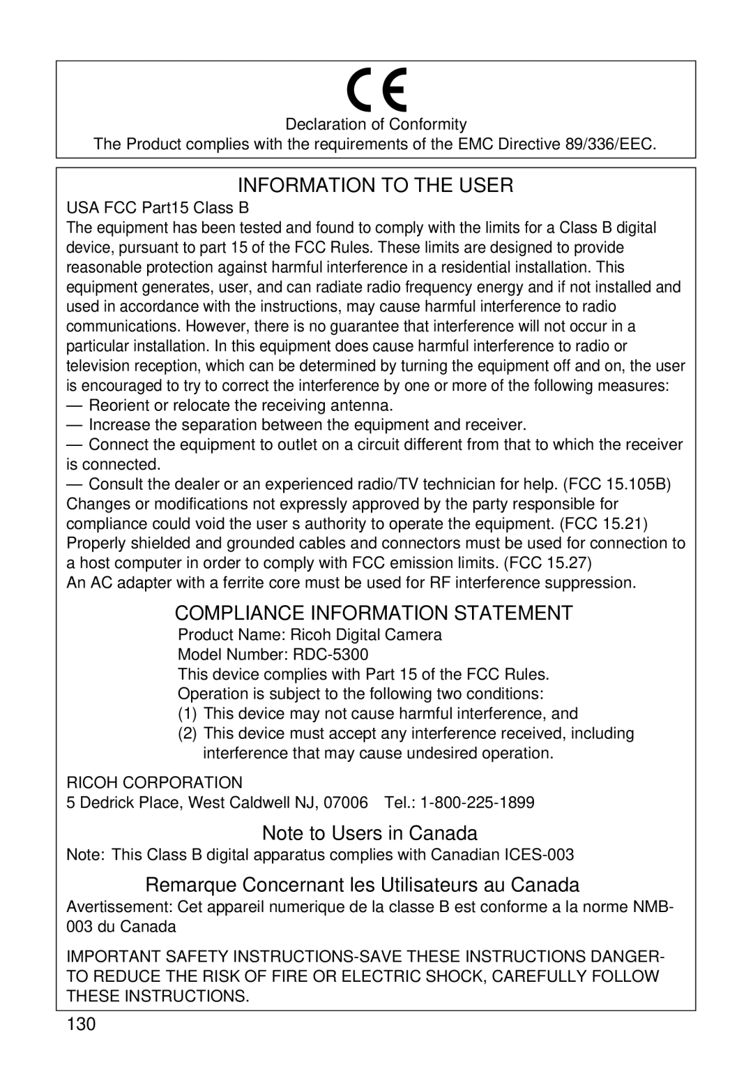 Ricoh RDC-5300 manual Information to the User, USA FCC Part15 Class B 