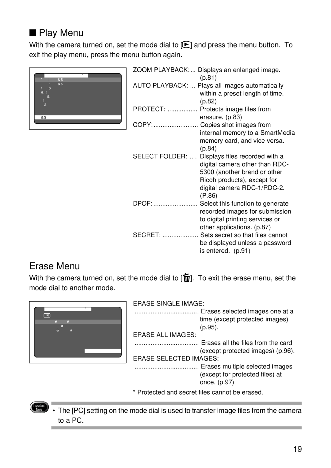 Ricoh RDC-5300 manual Play Menu, Erase Menu, To a PC 