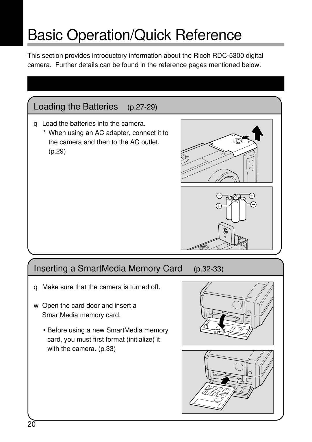 Ricoh RDC-5300 manual Basic Operation/Quick Reference, Preparations, Loading the Batteries p.27-29 