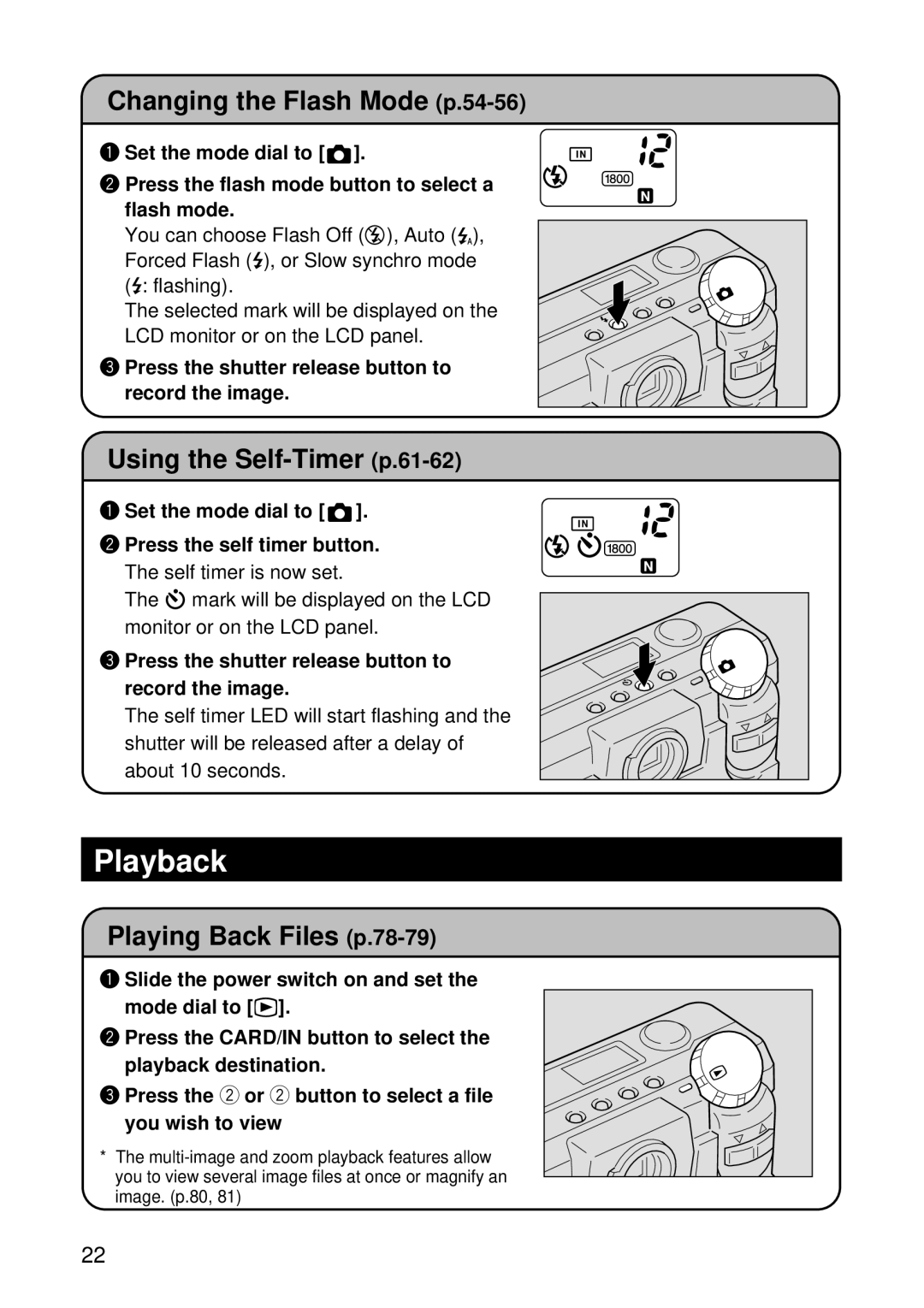 Ricoh RDC-5300 manual Playback, Changing the Flash Mode p.54-56, Using the Self-Timer p.61-62, Playing Back Files p.78-79 