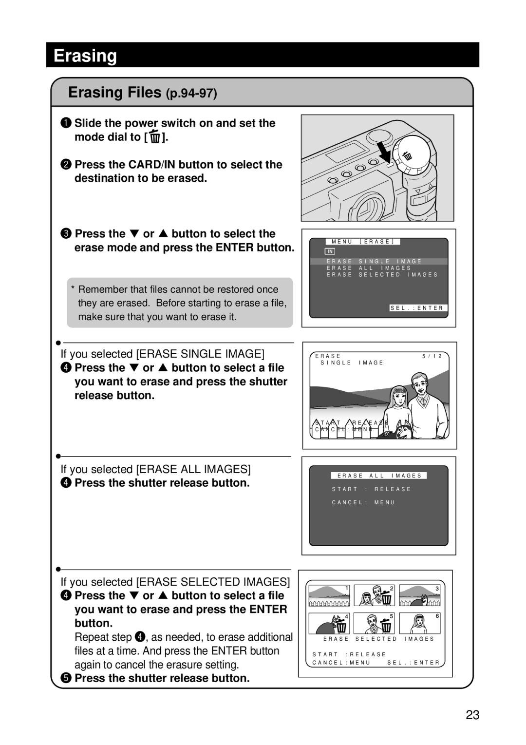 Ricoh RDC-5300 Erasing Files p.94-97, Press the shutter release button, You want to erase and press the Enter button 