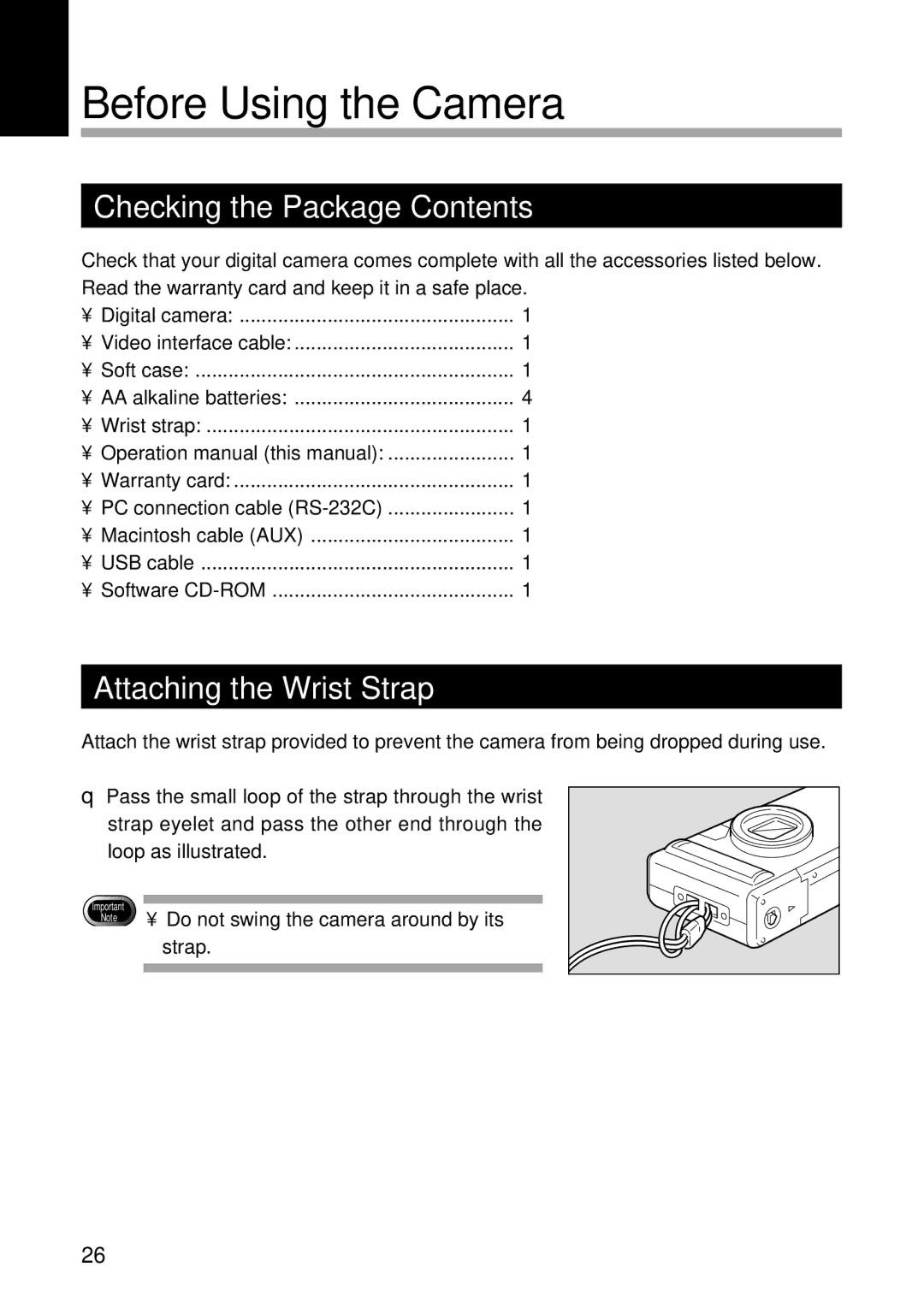 Ricoh RDC-5300 manual Before Using the Camera, Checking the Package Contents, Attaching the Wrist Strap 