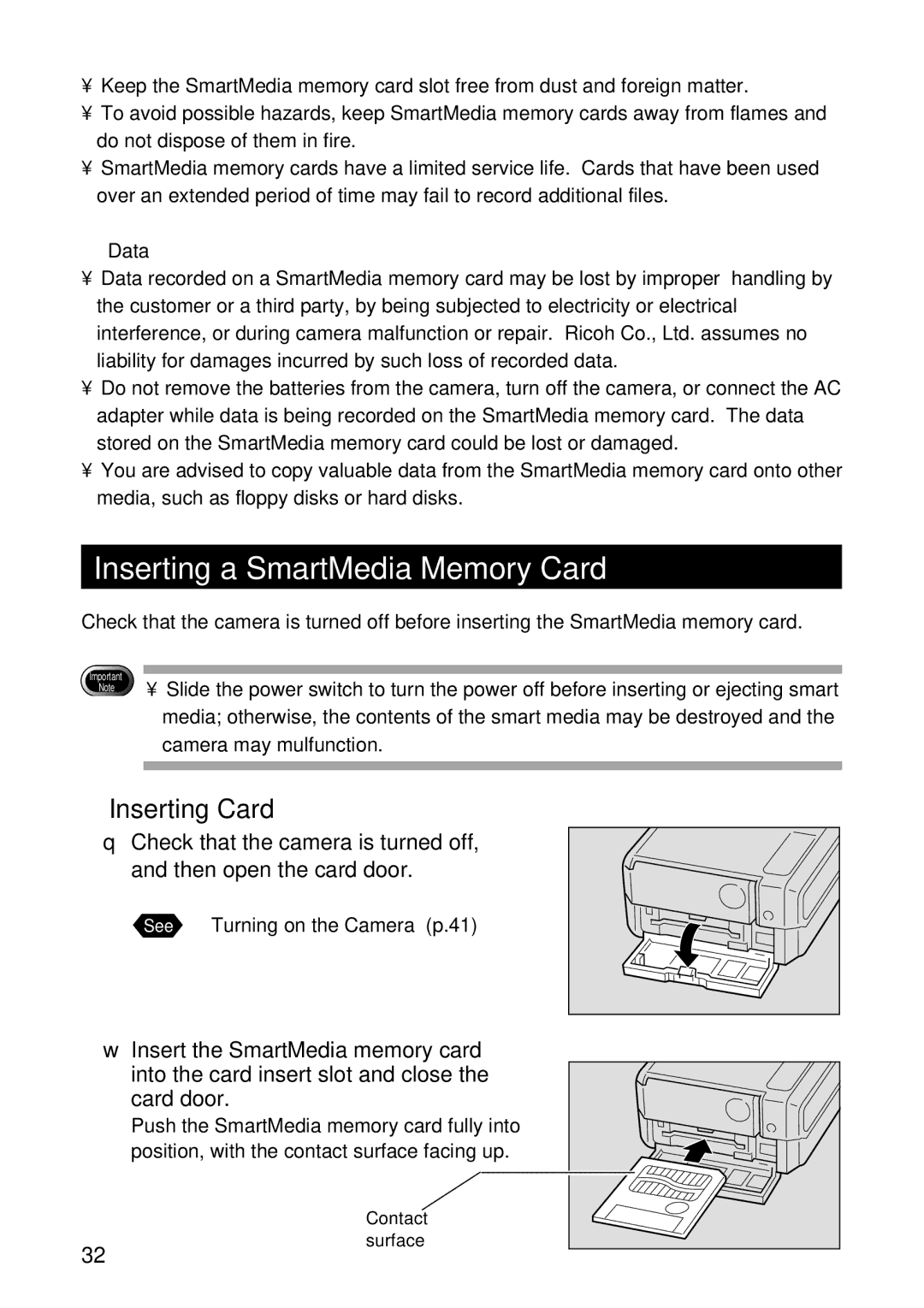 Ricoh RDC-5300 manual Inserting a SmartMedia Memory Card, Inserting Card, Data 