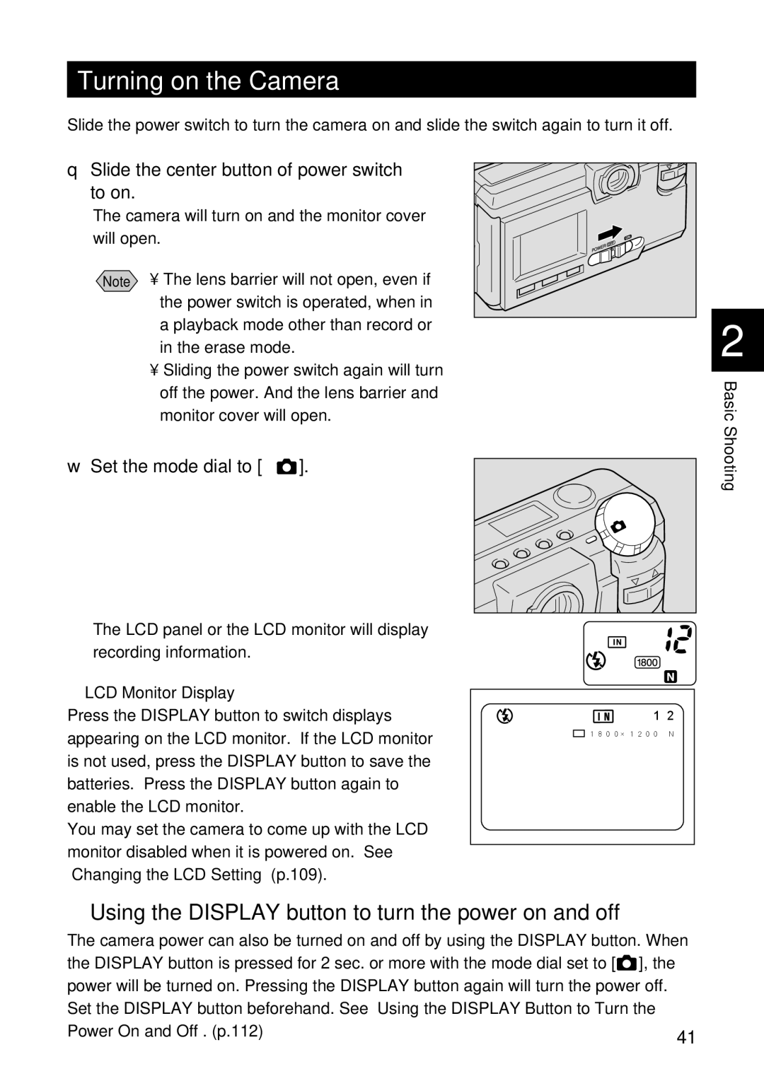 Ricoh RDC-5300 manual Turning on the Camera, Using the Display button to turn the power on and off, Basic Shooting 