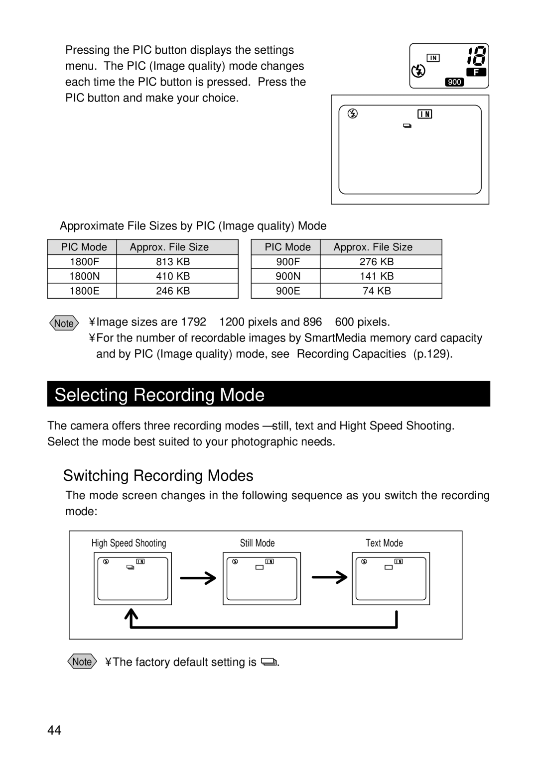 Ricoh RDC-5300 manual Selecting Recording Mode, Switching Recording Modes, Approximate File Sizes by PIC Image quality Mode 