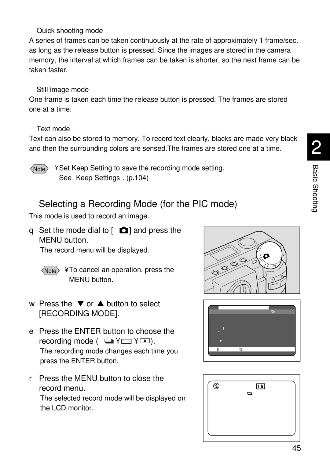 Ricoh RDC-5300 manual Selecting a Recording Mode for the PIC mode, Set the mode dial to and press Menu button 