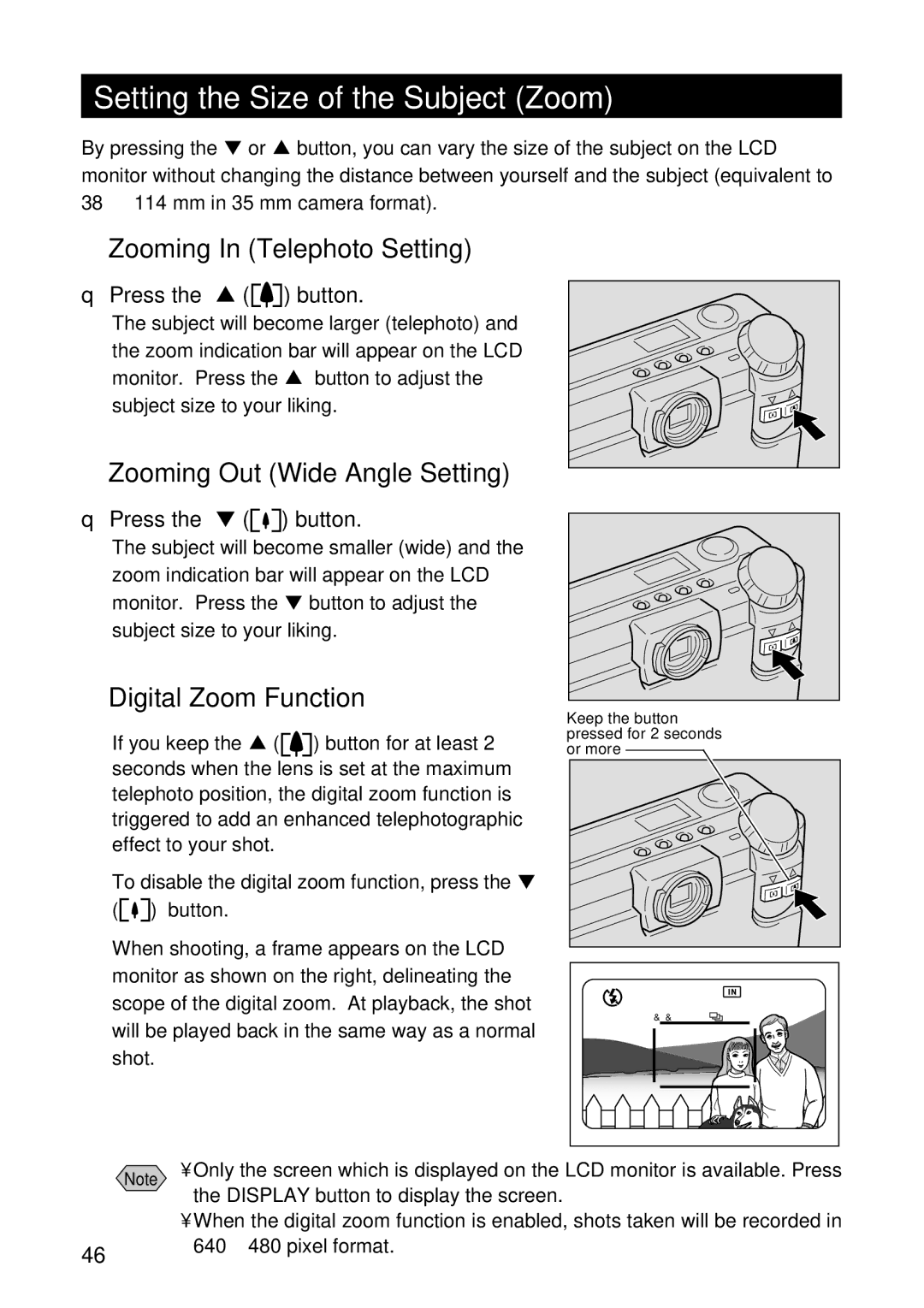 Ricoh RDC-5300 manual Setting the Size of the Subject Zoom, Zooming In Telephoto Setting, Zooming Out Wide Angle Setting 