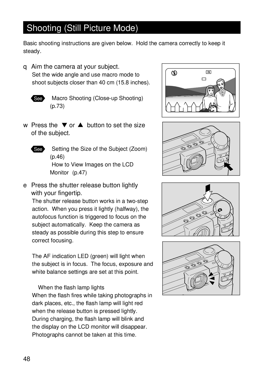 Ricoh RDC-5300 manual Shooting Still Picture Mode, Aim the camera at your subject, When the flash lamp lights 