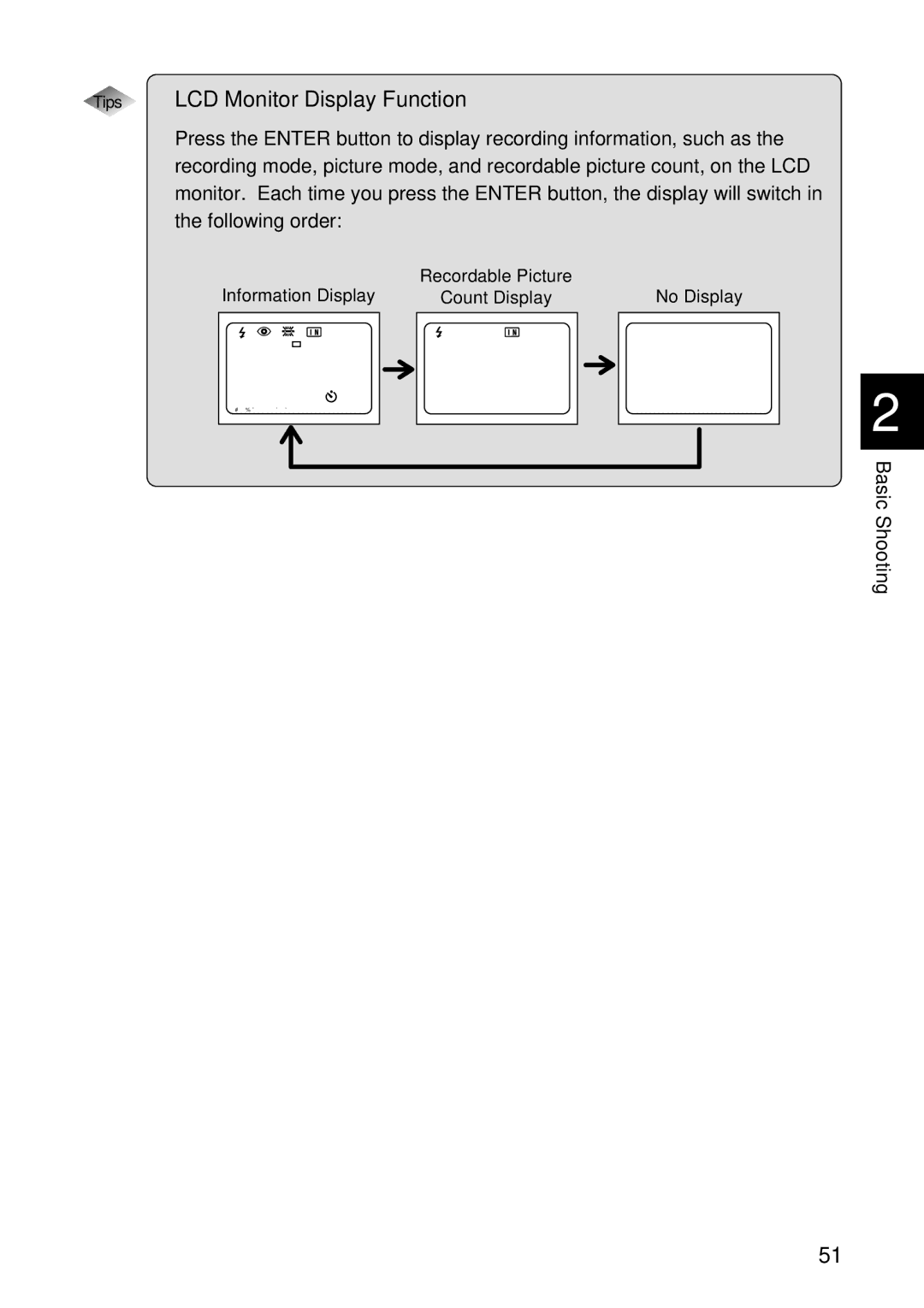 Ricoh RDC-5300 manual Tips LCD Monitor Display Function, Basic Shooting 