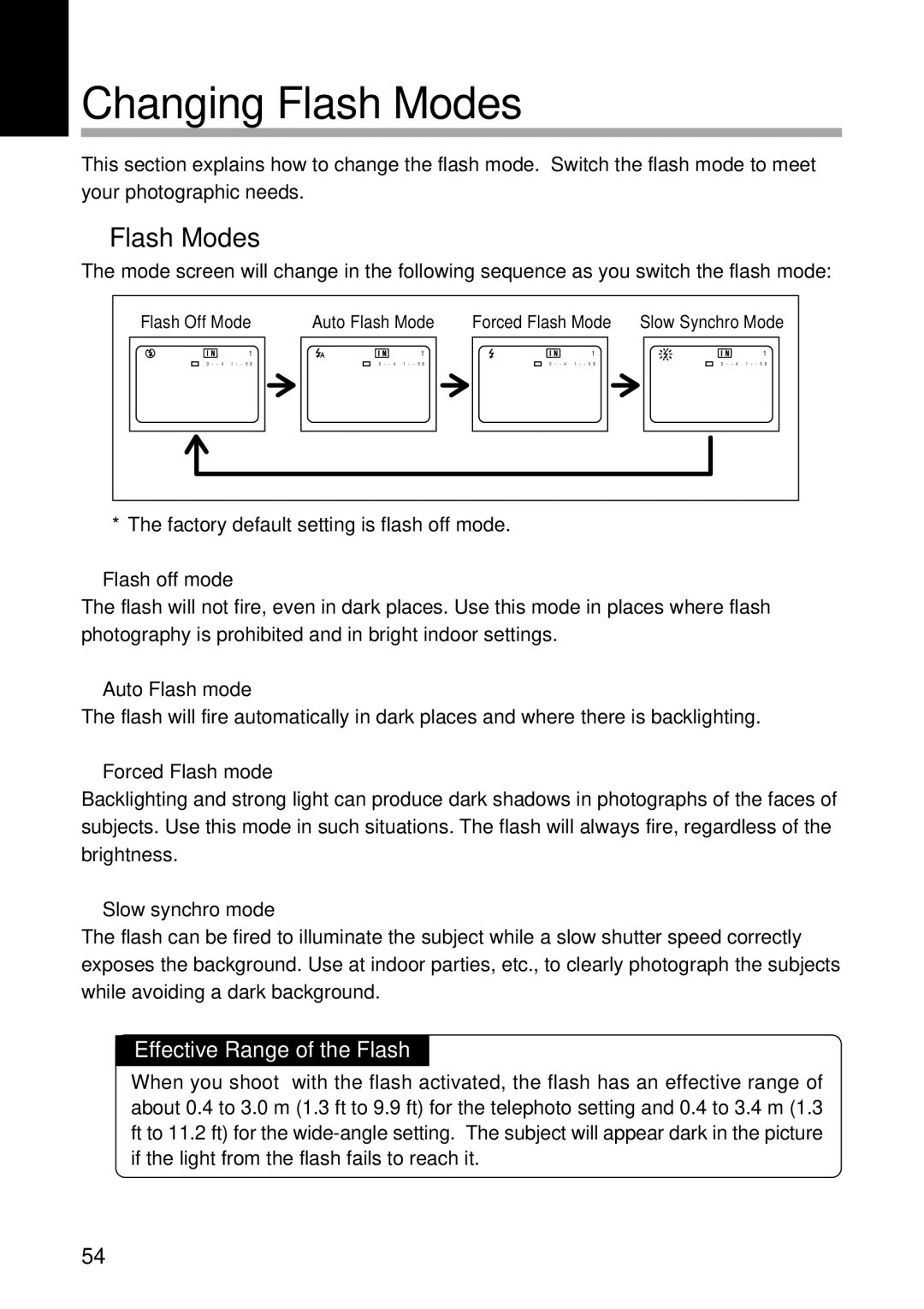 Ricoh RDC-5300 manual Changing Flash Modes, Effective Range of the Flash 